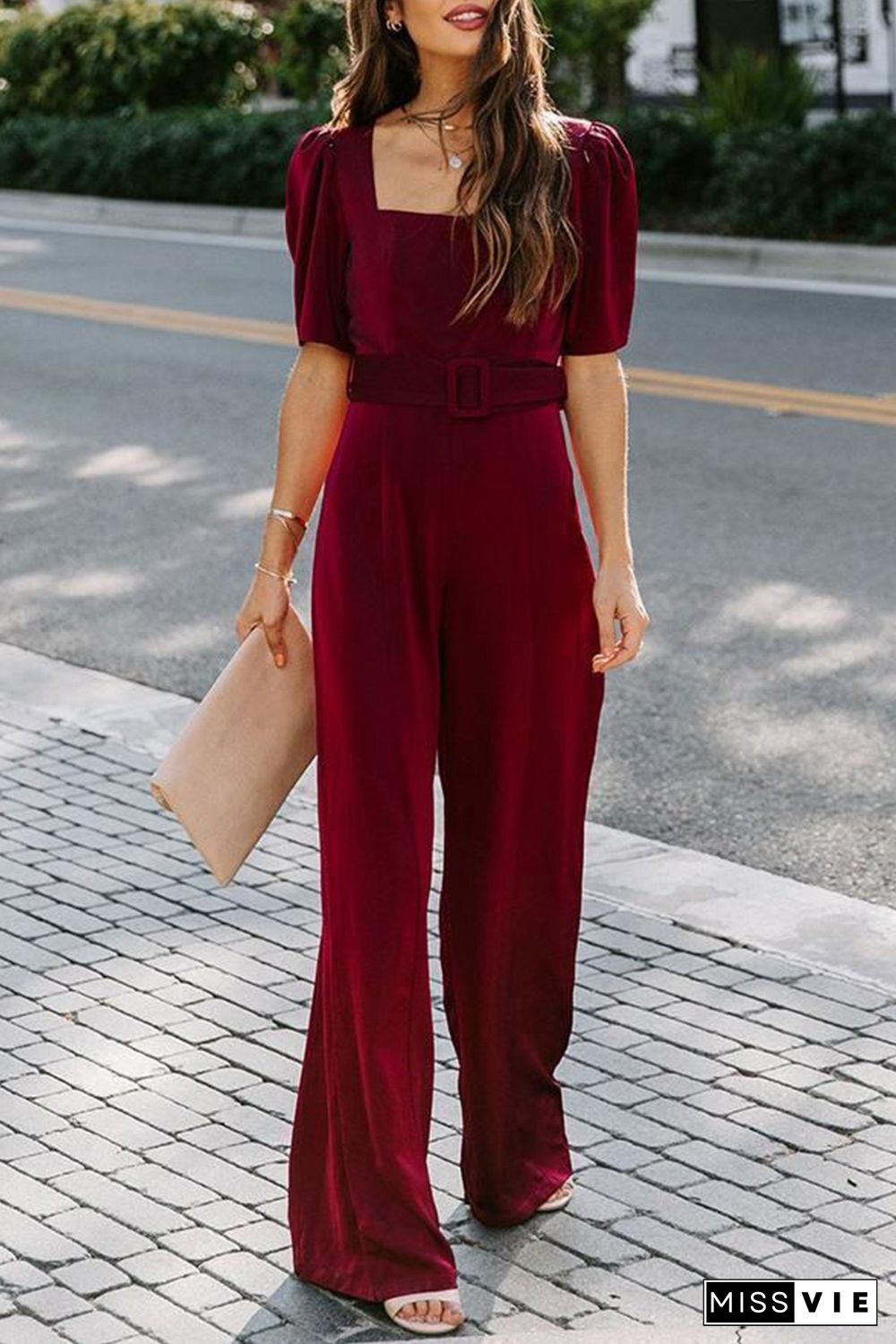 Burgundy Belted Square Neck Puff Sleeve Jumpsuit