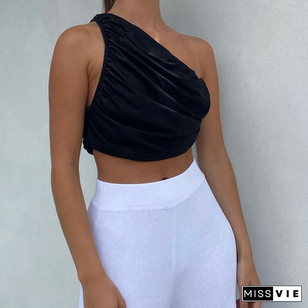 One Shoulder Crop Top Women Sexy Sleeveless Ruched Tank Top Summer White Black Blue Orange Plain Short Tanks Camis