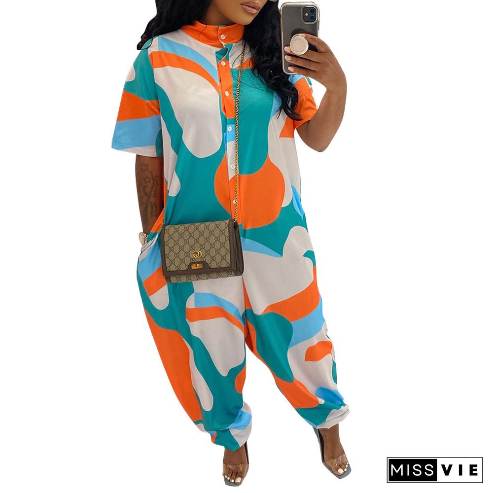 Button Down Short Sleeve Abstract Print Jumpsuits