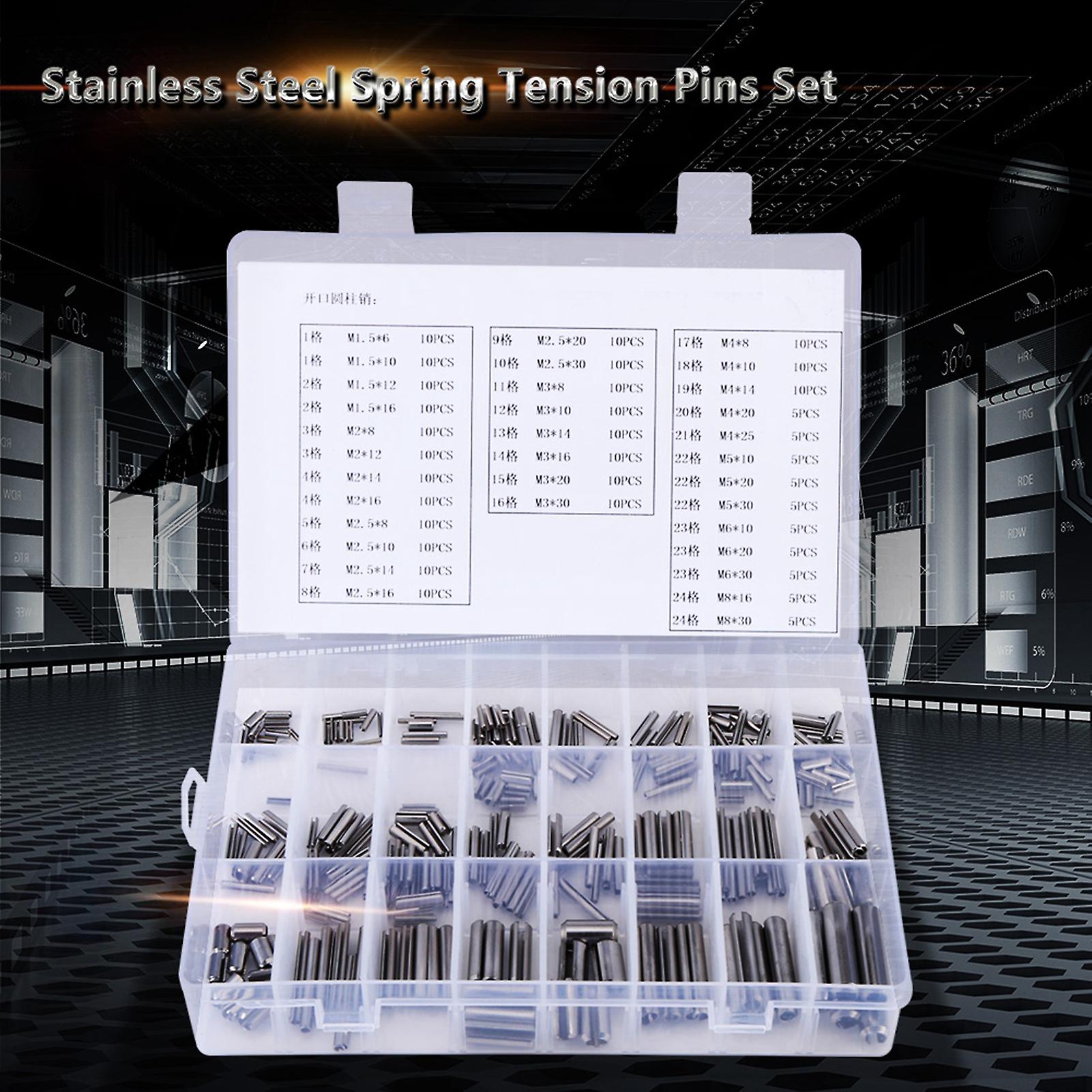 280pcs Stainless Steel Spring Tension Pins Set M1.5 M2 M2.5 M3 M4 M5 M6 M8 With Box