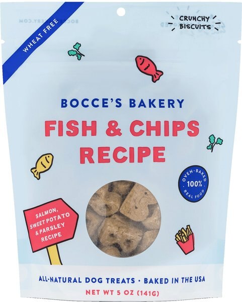 Bocce's Bakery Fish and Chips Biscuits Crunchy Dog Treats， 5-oz bag