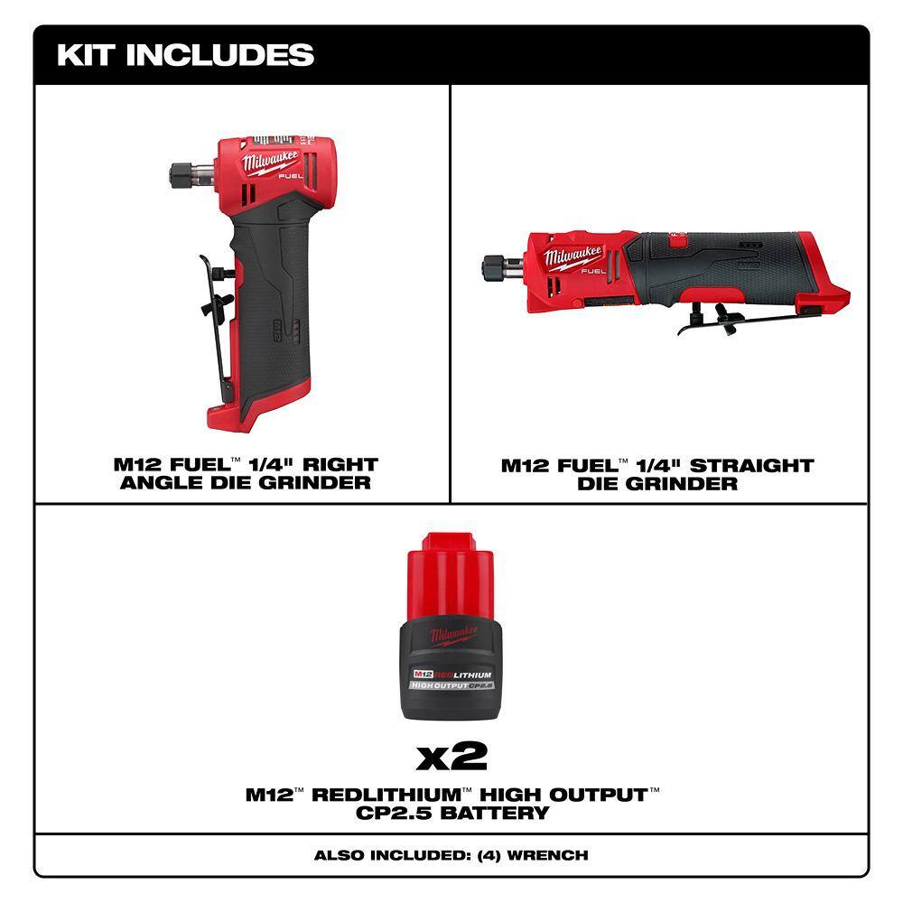 MW M12 FUEL 12V Lithium-Ion Brushless Cordless 14 in. Right  14 in. Straight Die Grinders w(2) M12 CP 2.5 Ah Batteries 2485-20-2486-20-48-11-2425-48-11-2425