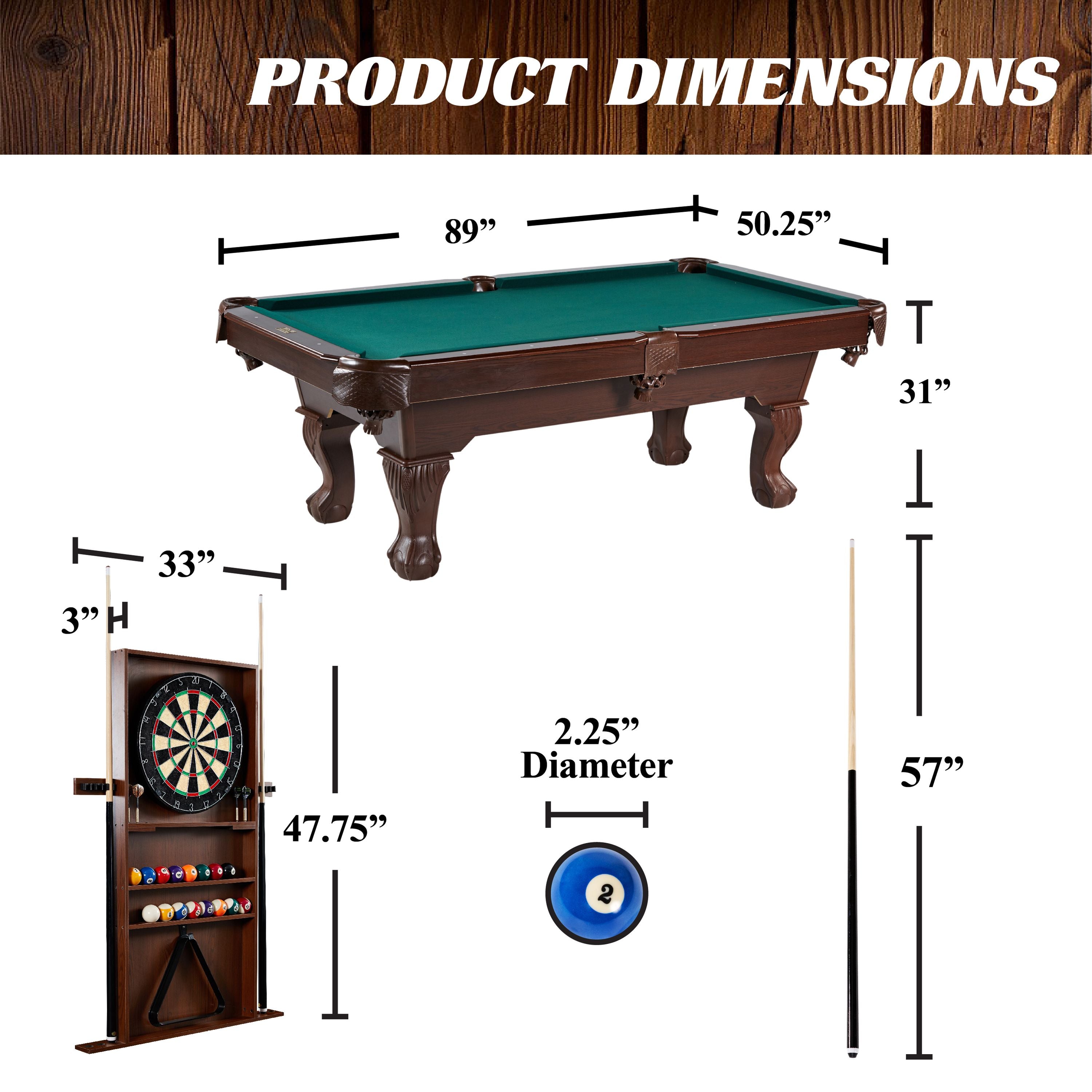 Barrington 90" Ball and Claw Leg Billiard, Pool Table with Cue Rack and Dartboard Set