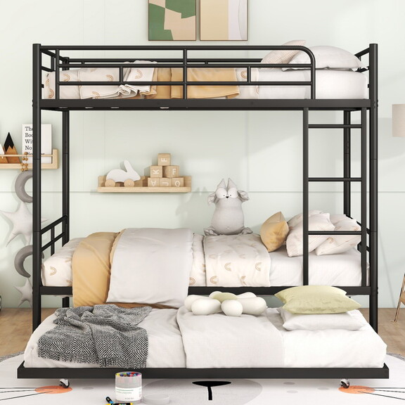 Full XL over Queen Metal Bunk Bed with Trundle  Wh...