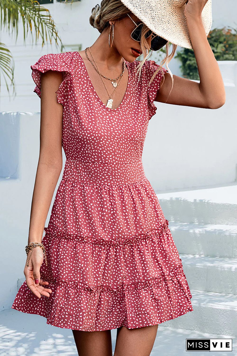 Ruffle Sleeves V Neck Print Tiered Dress