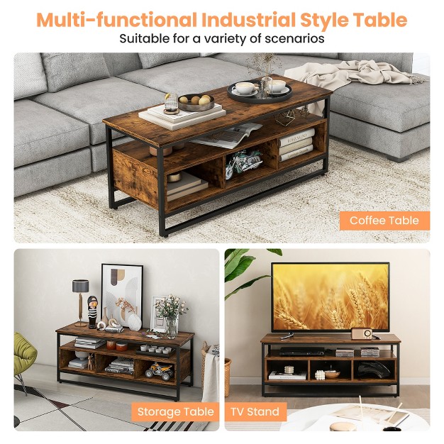 Costway Industrial Coffee Table Metal Frame Center Table With Open Shelf amp 3 Cubbies