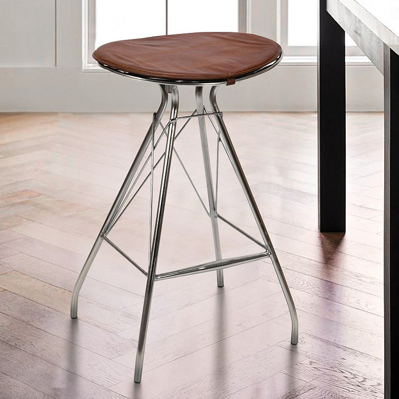 30 Inch Metal Frame Bar Stool， Round Genuine Leather Seat， Dark Brown， Silver