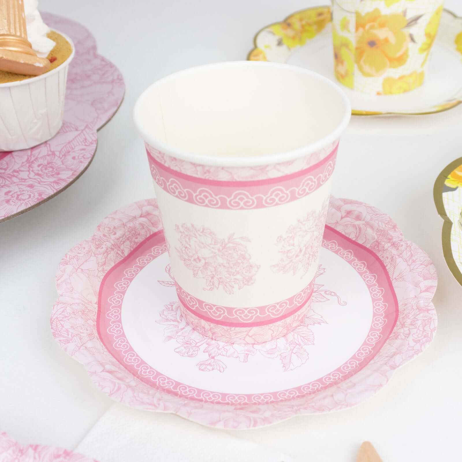 24 Pack Vintage Mixed Floral Paper Cup And Saucer Set, Disposable Tea Party Supplies Kit