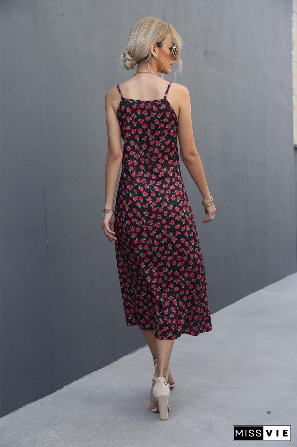 Red Flower Print Spaghetti Dress Wholesale