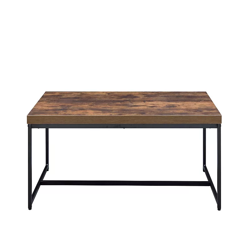 Metal Framed Coffee Table with veneer Top， Weathered Oak Brown and Black