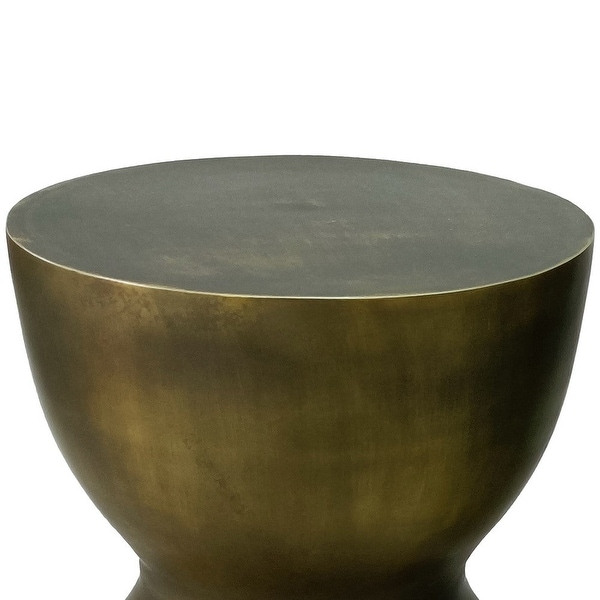 17 Inch Round End Accent Table， Cast Aluminum， Hourglass Shape， Antique Brass， Black - 16.5 H x 13.5 W x 13.5 L