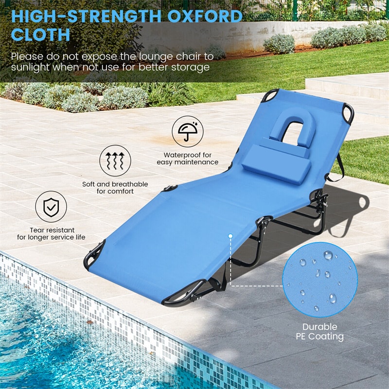 Folding Beach Chaise Lounge Chair 5-Position Adjustable Sunbathing Recliner with Face Hole & Dechatable Pillows