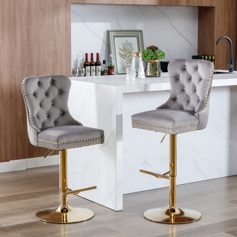 Set of 2 Swivel Velvet Barstools Adjusatble Seat Height from 25-33 Inch， Modern Upholstered Bar Stools