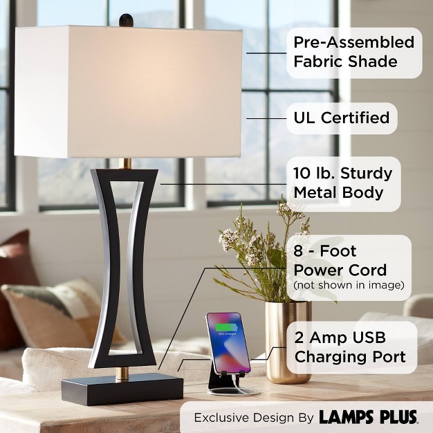 Tall Set Of 2 Black Metal With Usb Charging Port White Rectangular Shade For Bedroom Living Room Bedside