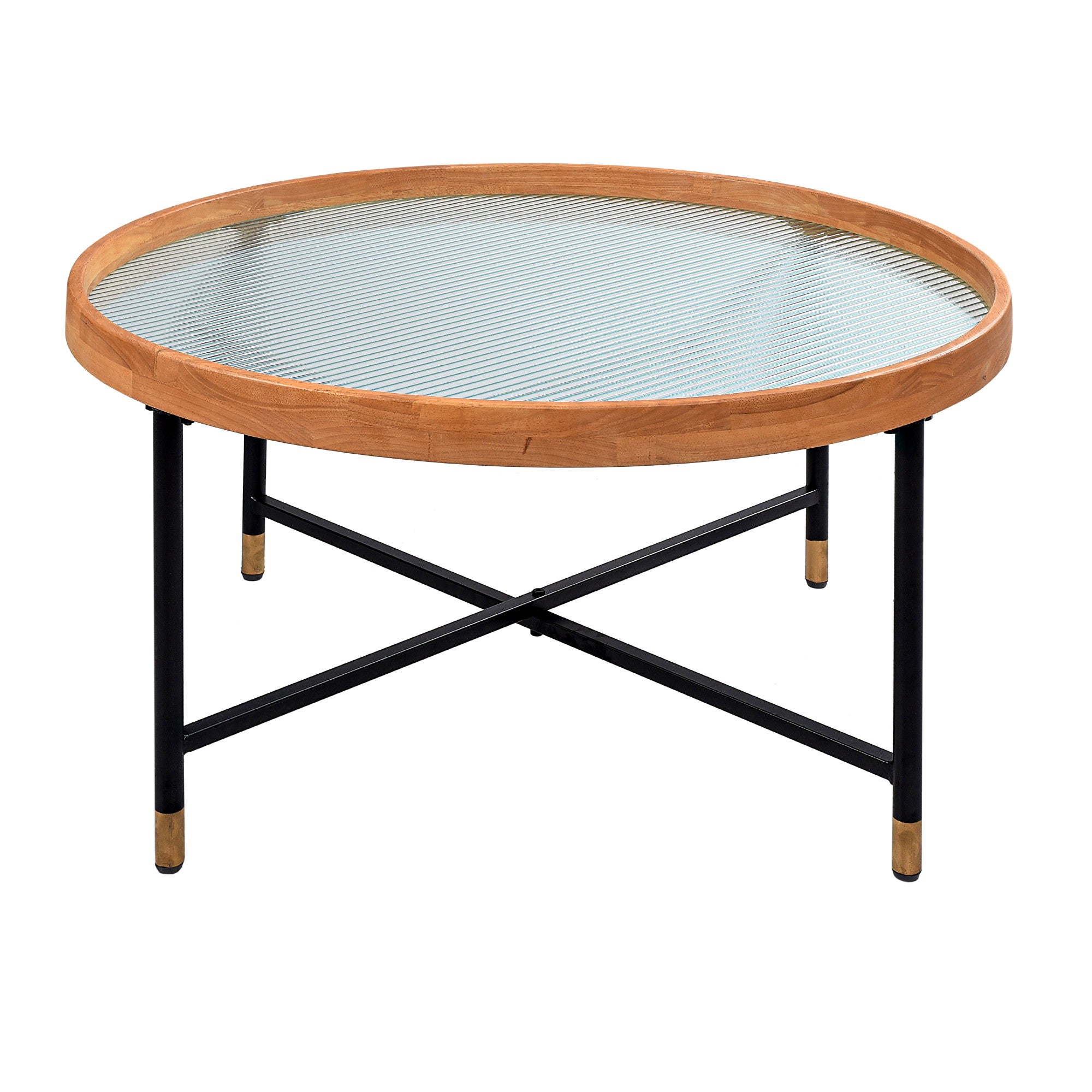 COZAYH Farmhouse Glass Coffee Table, Tempered Architectural Glass Top, Rubberwood Tray and Metal Frame, Reeded Pattern, Round