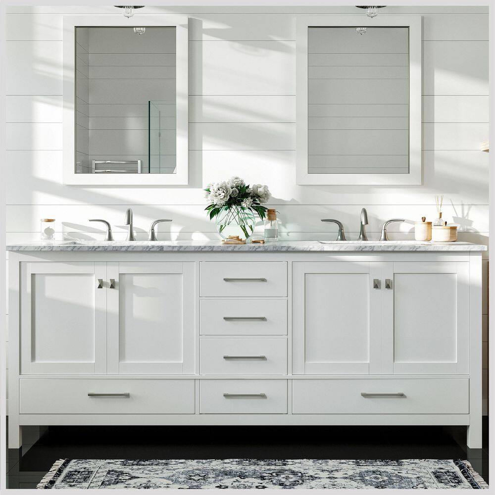 Eviva Aberdeen 84 in. W x 22 in. D x 34 in. H Double Bath Vanity in White with White Carrara Marble Top with White Sink EVVN412-84WH