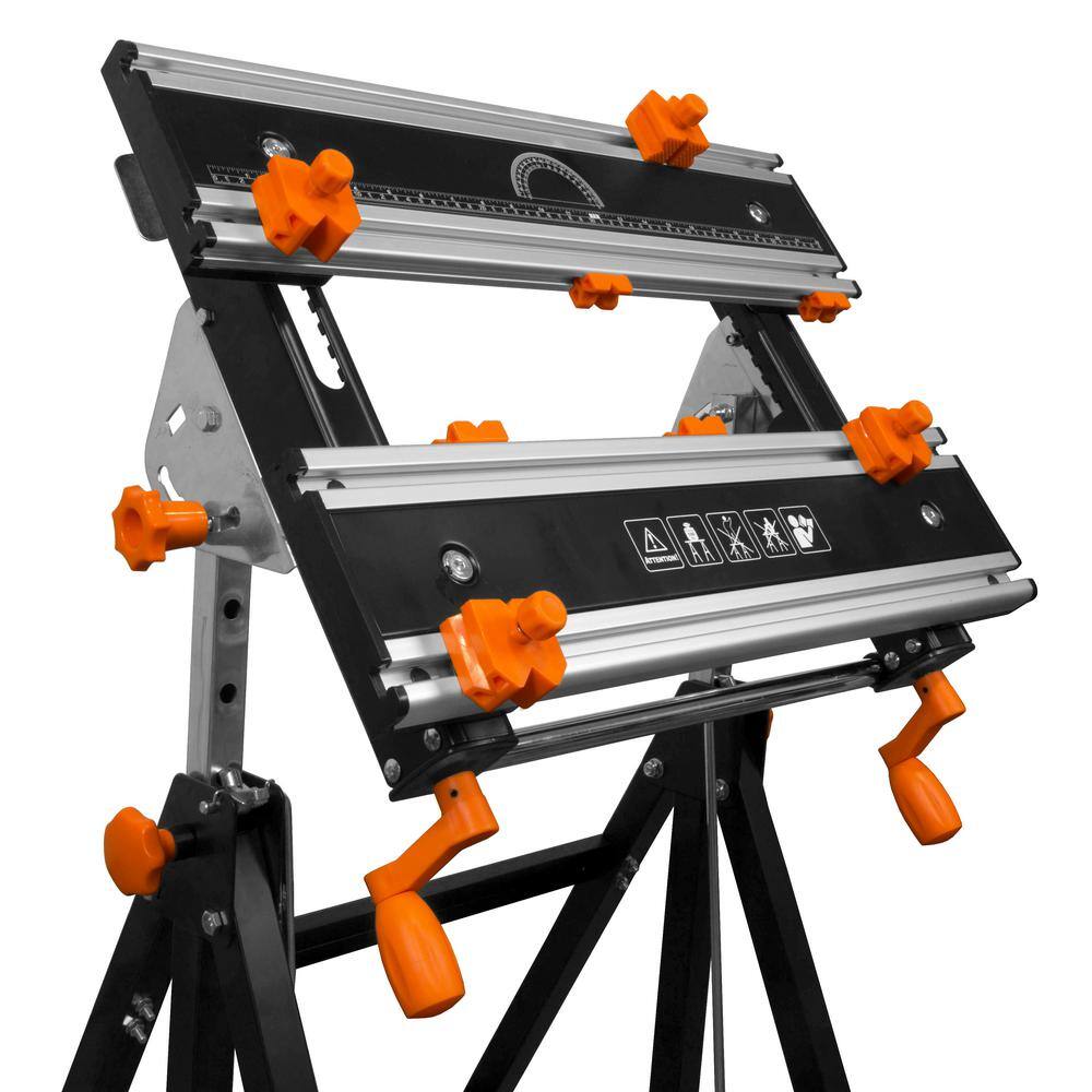 WEN 24 in. H Tilting Steel Adjustable Portable Work Bench Sawhorse and Vise with 8 Sliding Clamps WB2322T