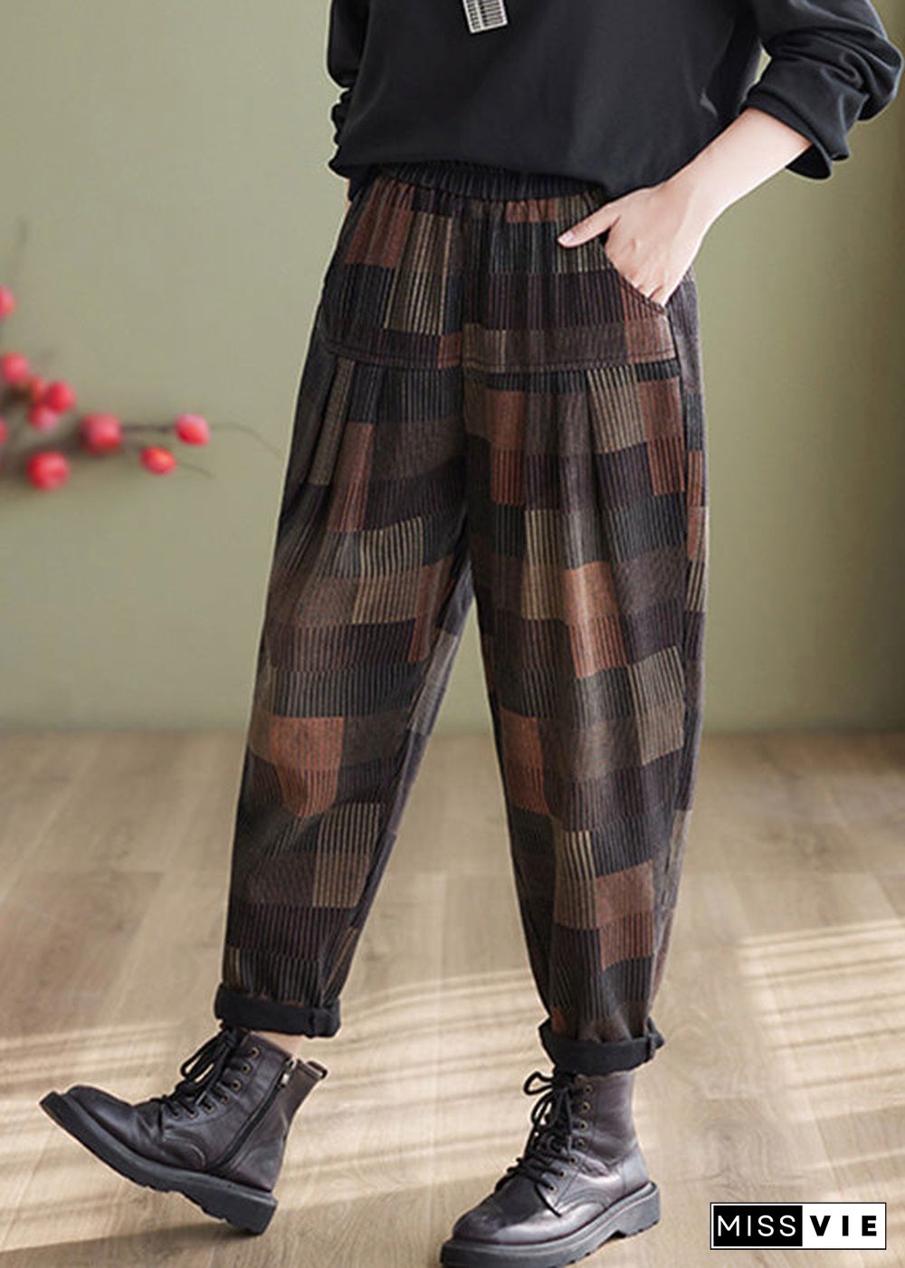 Vintage Plaid Patchwork High Waist Denim Harem Pants Summer