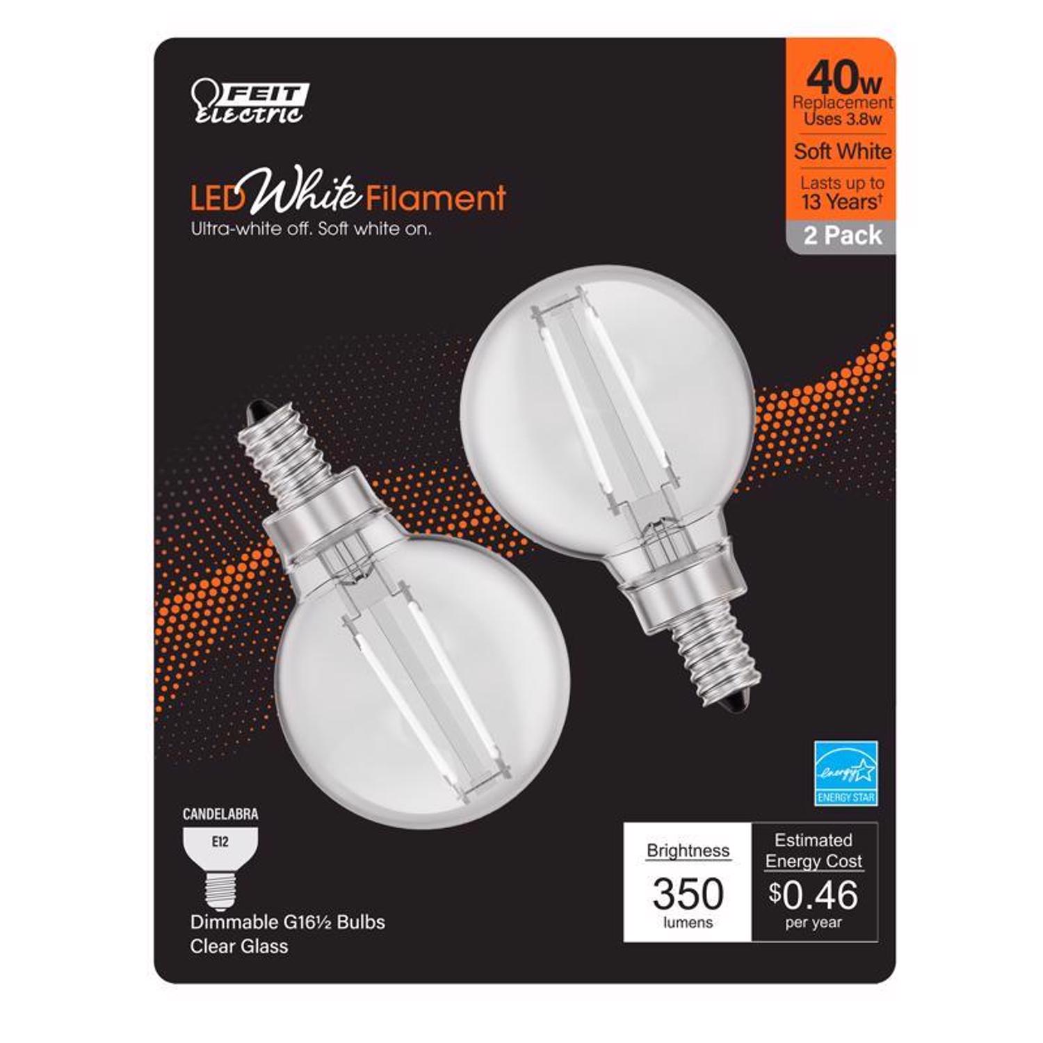 Feit White Filament G16.5 E12 (Candelabra) Filament LED Bulb Soft White 40 Watt Equivalence 2 pk