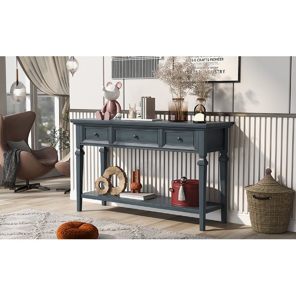 Classic Retro Style Console Table with Three Top Drawers and Open Style Bottom Shelf， Easy Assembly