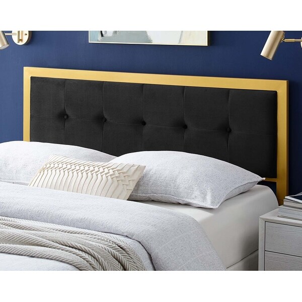 Panama Modern Black Velvet Button Tufted Upholstered King Size Metal Headboard - - 31717174