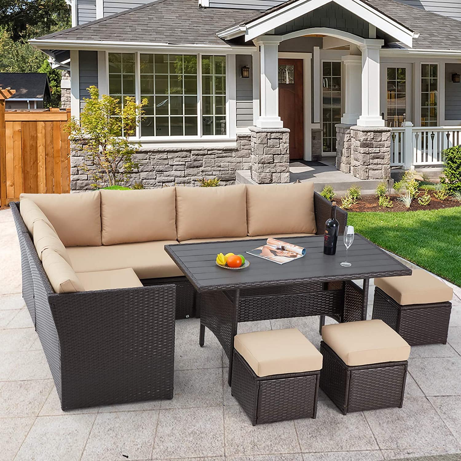 AECOJOY 7 Piece Patio Conversation Set, Outdoor Sectional Sofa Rattan Wicker Dining Furniture, Beige