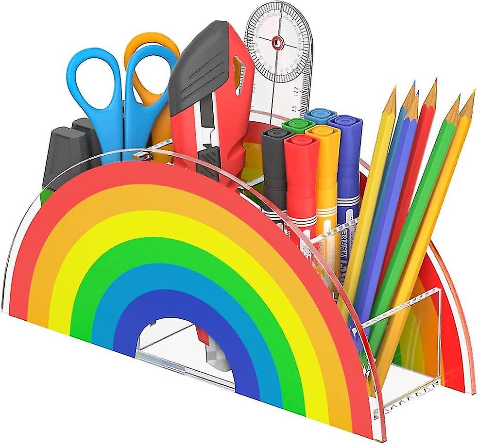 Rainbow Pen Holder Acrylic Kids Desk Organizer 5 Compartments Cute Desktop Pencil Organizer For Home， Office， School