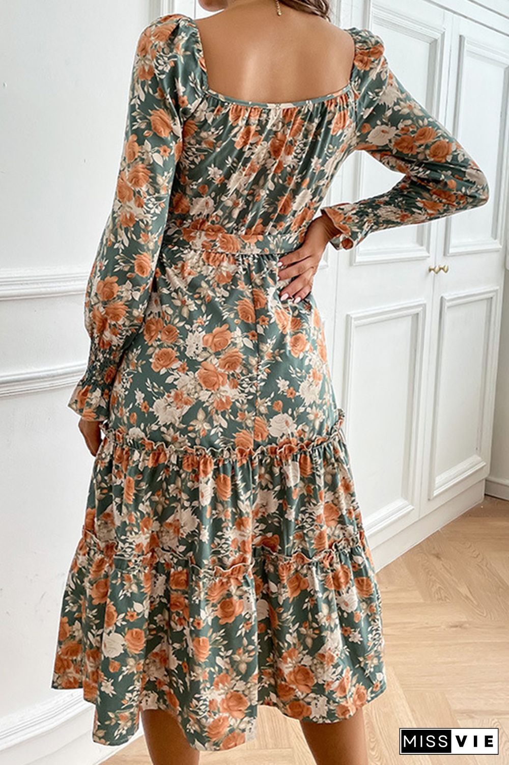 Printed Square-cut Collar Flounces Longsleeves Floral Dress Wholesale