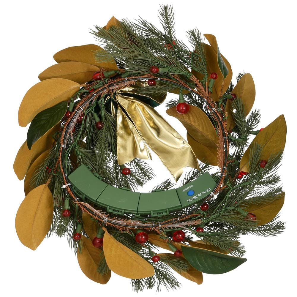 24 in. Magnolia Mix Pine Artificial Christmas Wreath with LED Lights and Bow