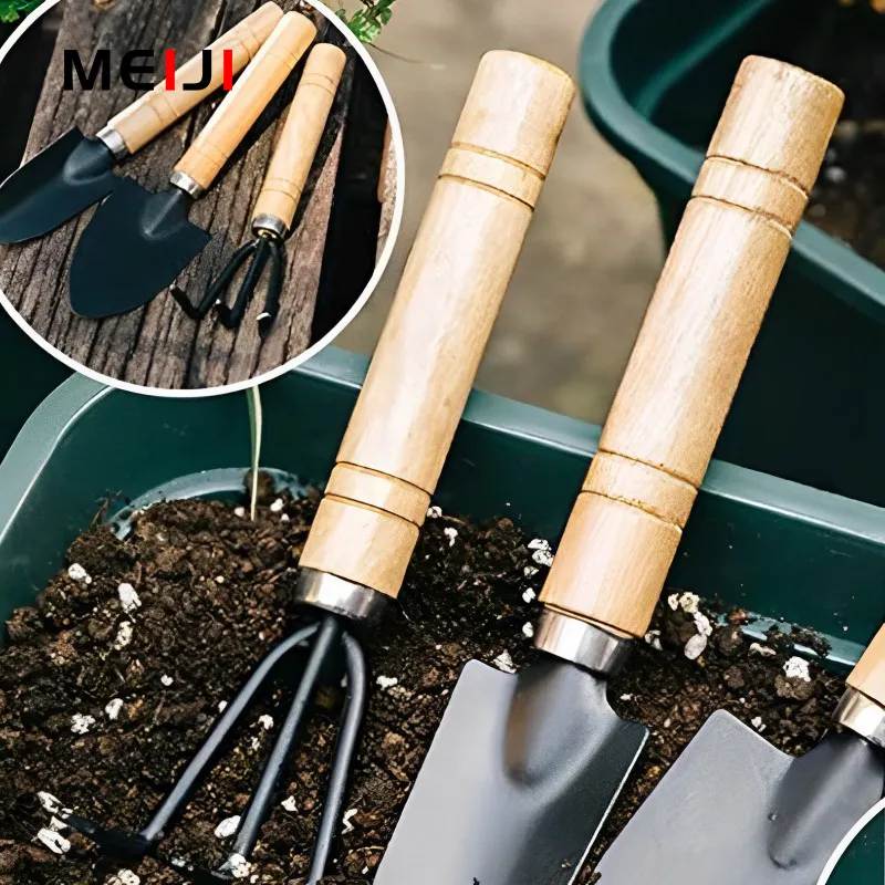 MEIJI 2023 Outdoor Green House Garden Supplies Wheat Straw Handle Trowel Transplanter Cultivator Fork Garden Hand Tool Set