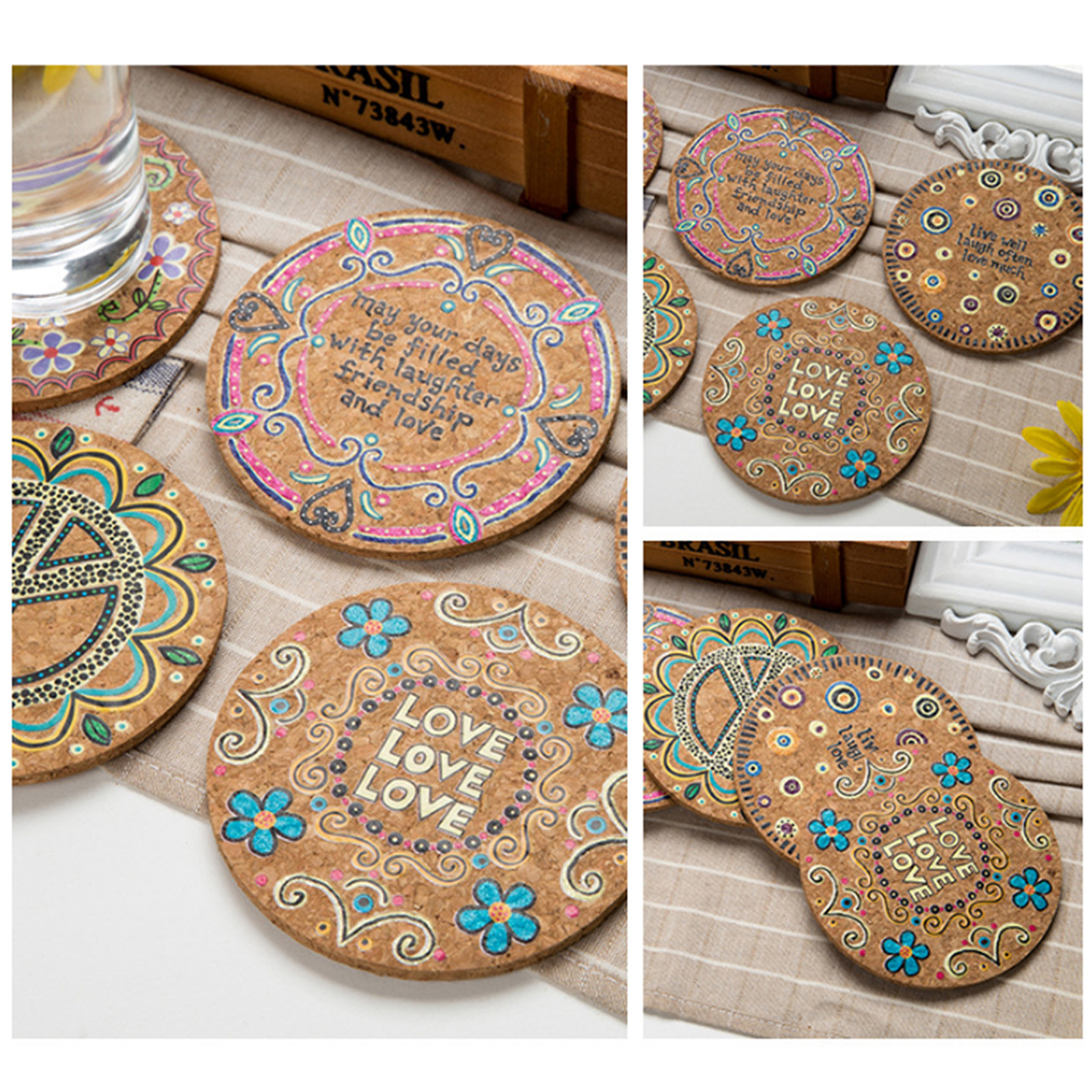 OUNONA 4 Pcs Round Natural Cork Coasters Heat Resistant Patterned Mats Tabletop Protection Drink Coasters(Mixed)