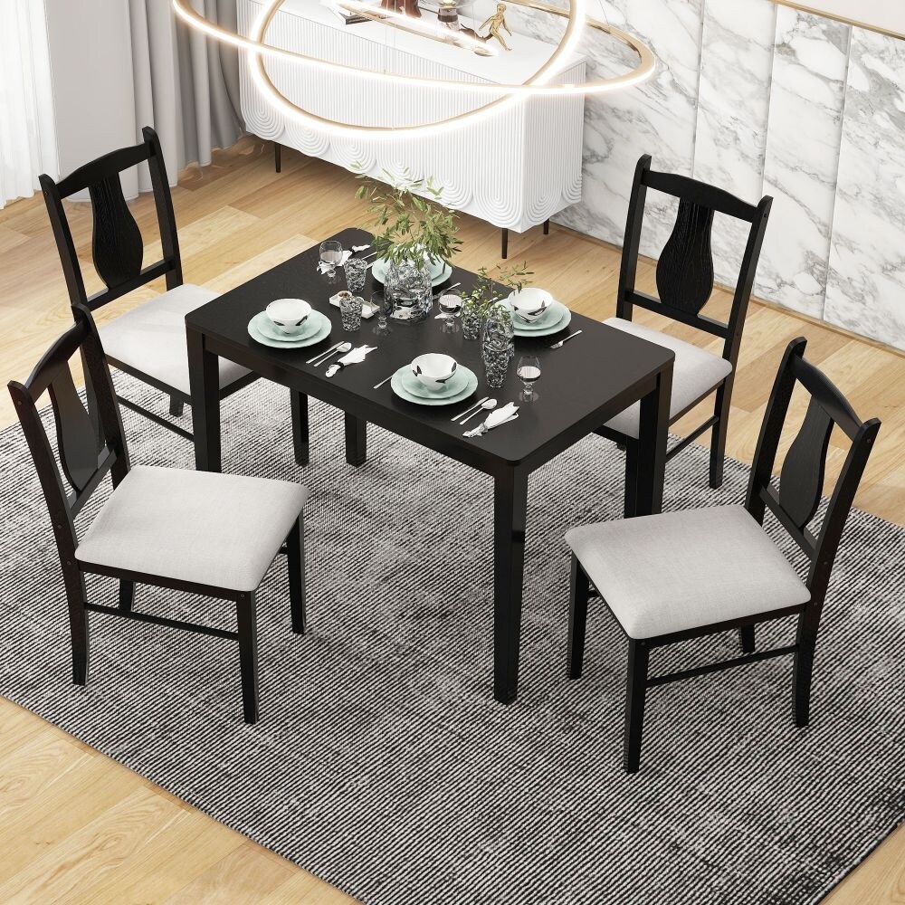 5 Piece Kitchen Dining Table Set  Wooden Rectangular Dining Table and 4 Upholstered Chairs