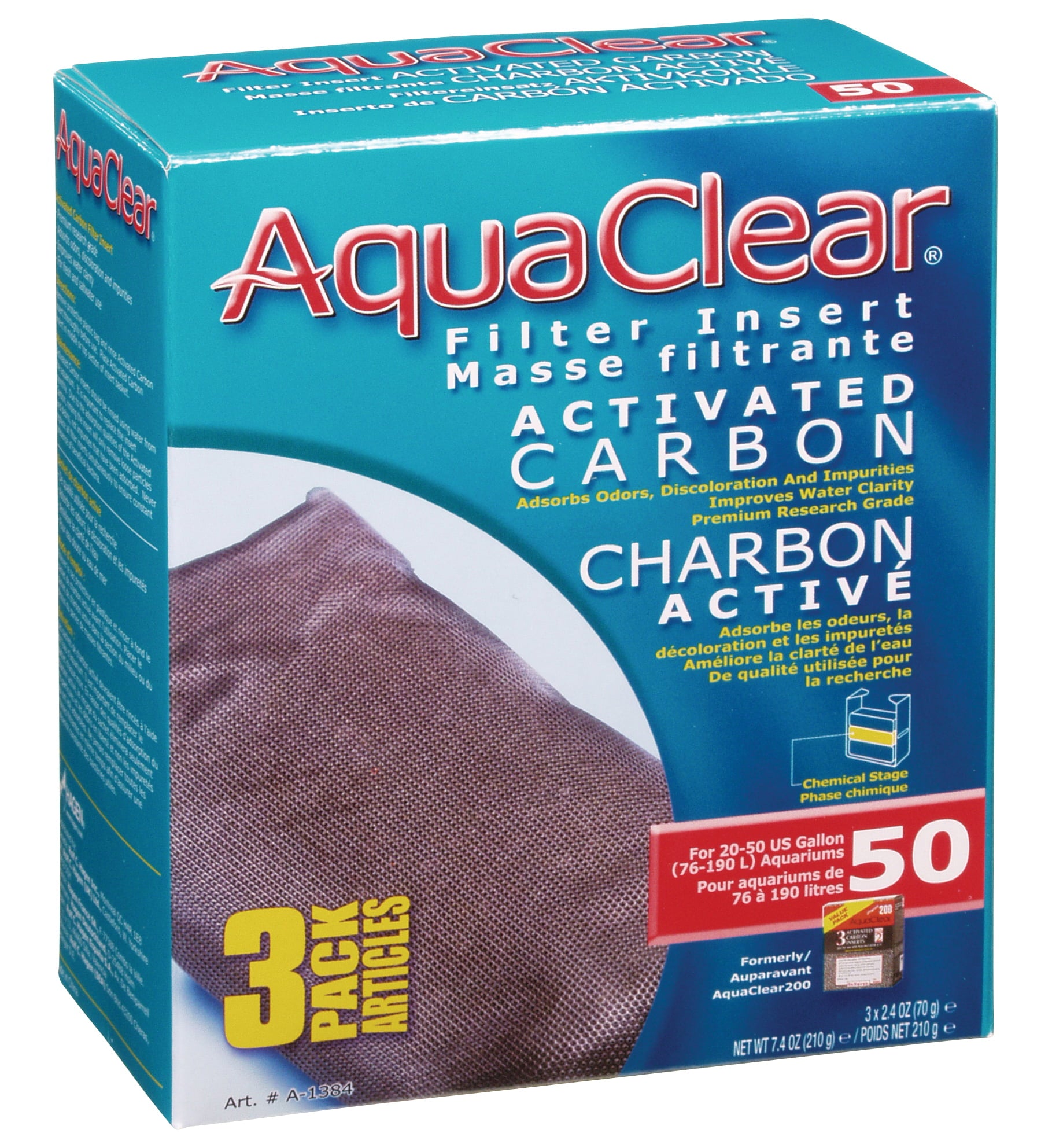 Aquaclear Activated Carbon Insert for Aquariums， 50-Gallon， 3 Pack