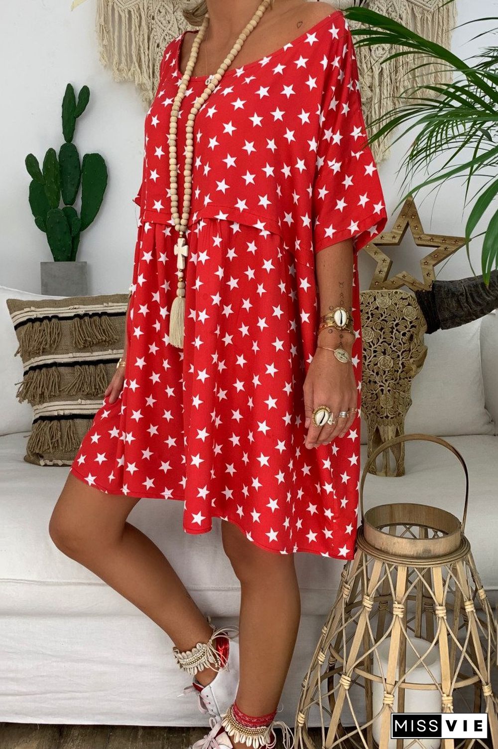 Star Printed Scoop Neck Dress