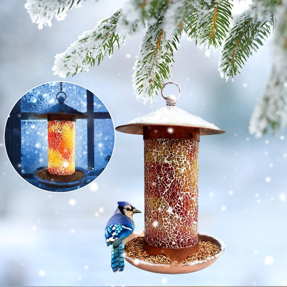 Solar Bird Feeders for Outdoor Hanging， Premium Metal Hummingbird feeders， Waterproof Wild Bird Feeder with Light for Feeding， Unique Retro Bird Feeders for Bird Lovers (Mosaic Copper)