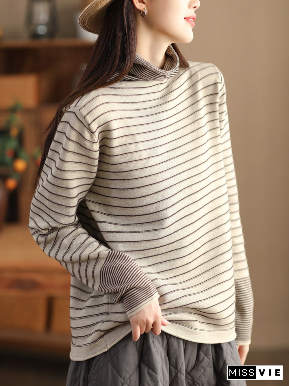 Women Casual Stripe Spliced Turtleneck Warm Sweatshirt