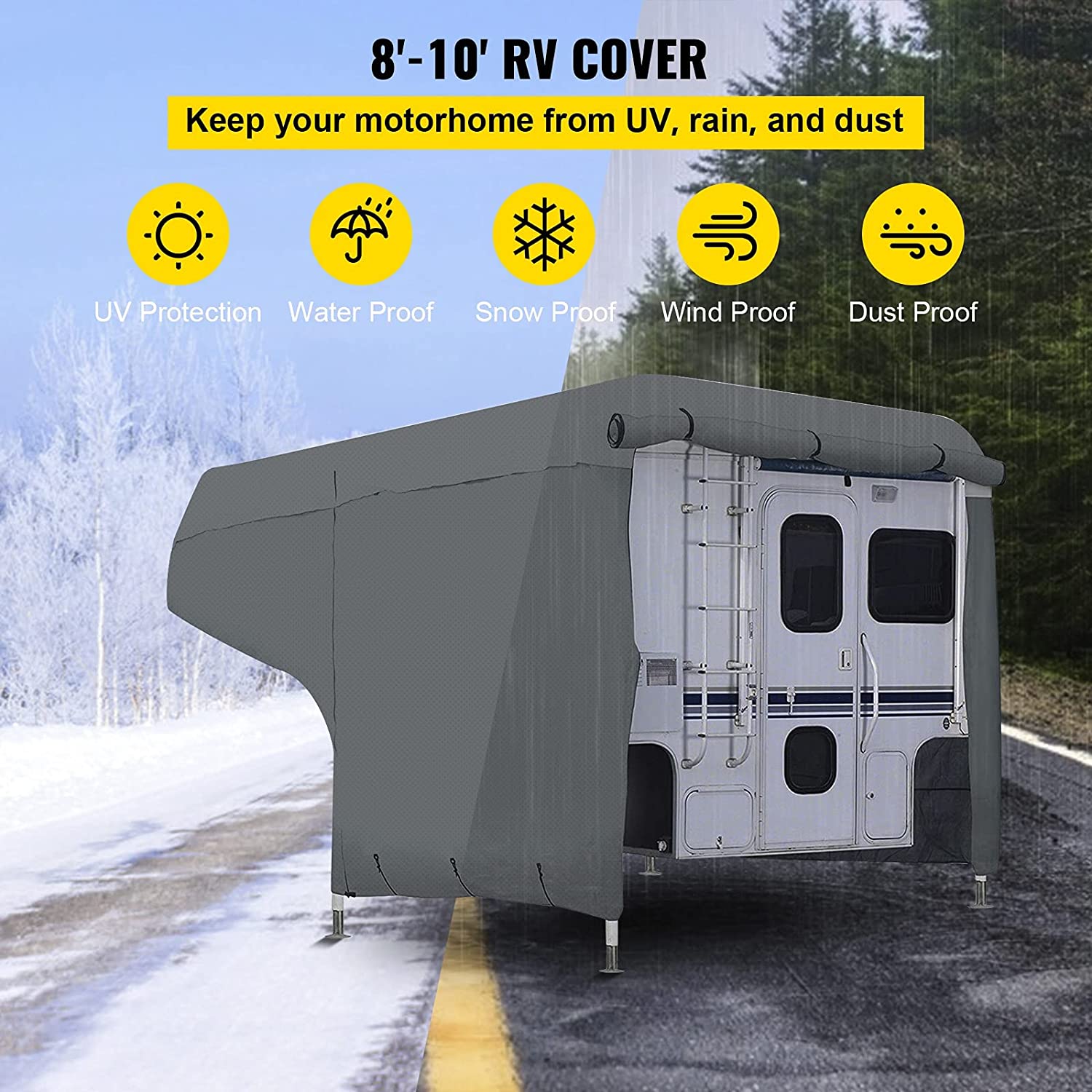 VEVOR 8'-10' Windproof RV，Trailer，Travel Trailer Cover， Extra-Thick 4 Layers Durable， Waterproof Ripstop Anti-UV for RV Motorhome with Adhesive Patch and Storage Bag