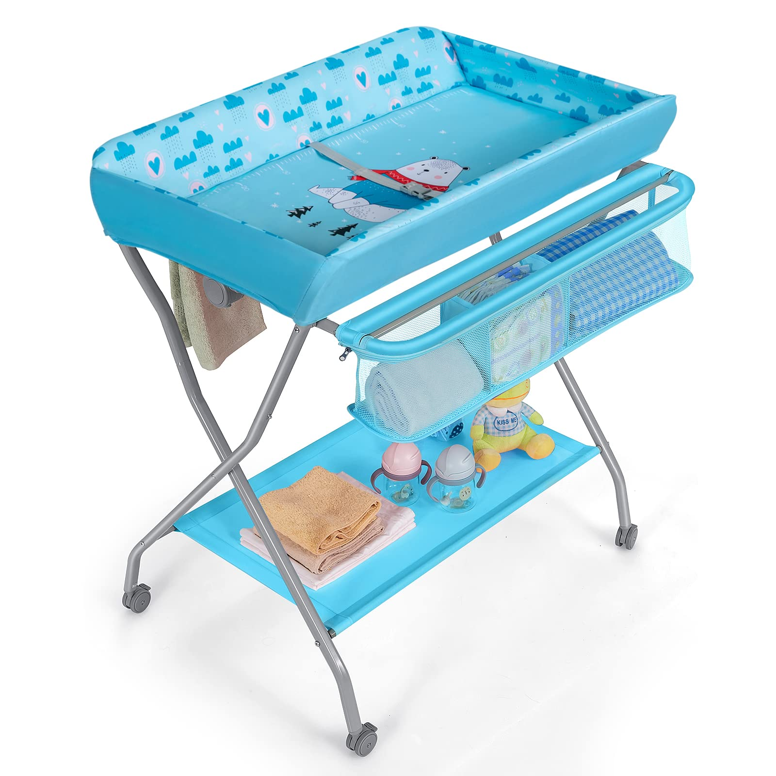 Costzon Portable Changing Table, Mobile Baby Changing Table with Wheels, Safety Belt, Large Storage Basket