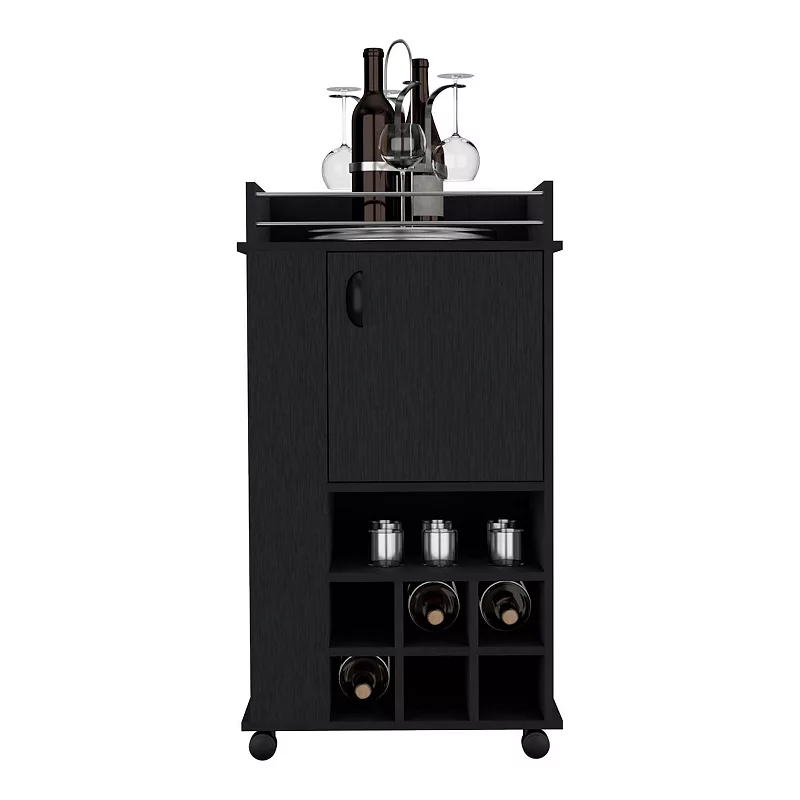 DEPOT E-SHOP Fraser Bar Cart with 6 Built-in Wine Rack and Casters， Black