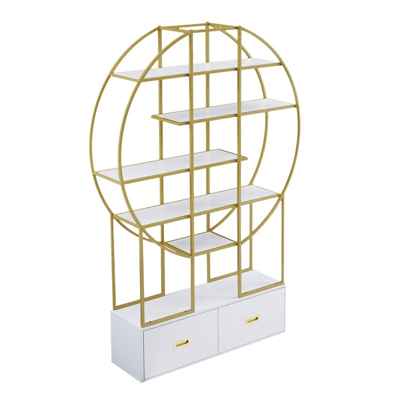 70.8 Inch Gold Frame Round Bookcase Office Bookshelf with Two Drawers