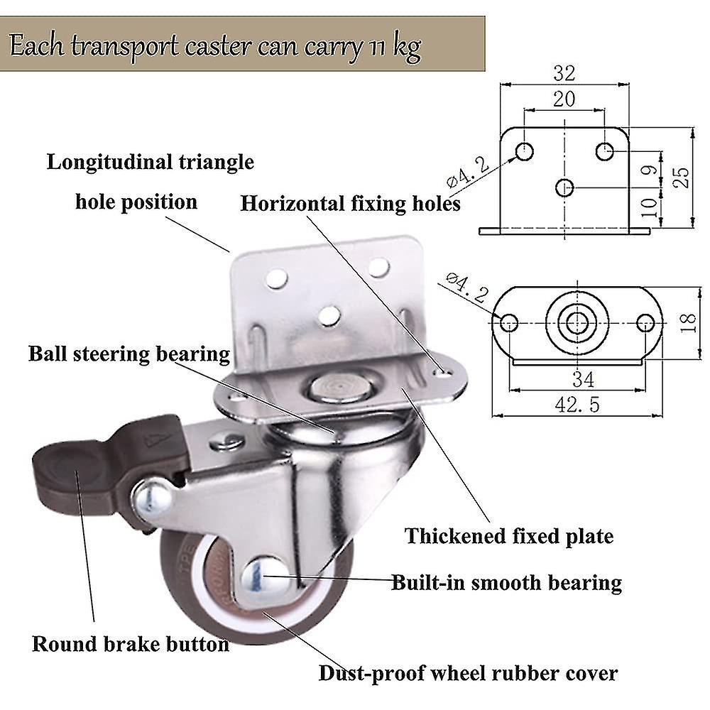 Set Of 4 S Furniture Casters 25mm With Brake 10*2 Screws Swivel Casters - L Mounting Plate - Casters For Crib Cabinet Furniture Table