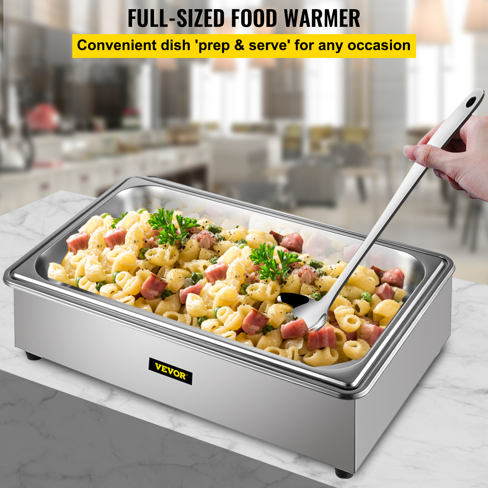 VEVOR Commercial Food Warmer， Full-Size 1 Pot Steam Table with Lid， 9.5 Quart Electric Soup Warmers， Grade Stainless Steel Bain Marie Buffet Equipment， Fits 21 x 13.2 Pan， 400W， for Restaurant， Sliver