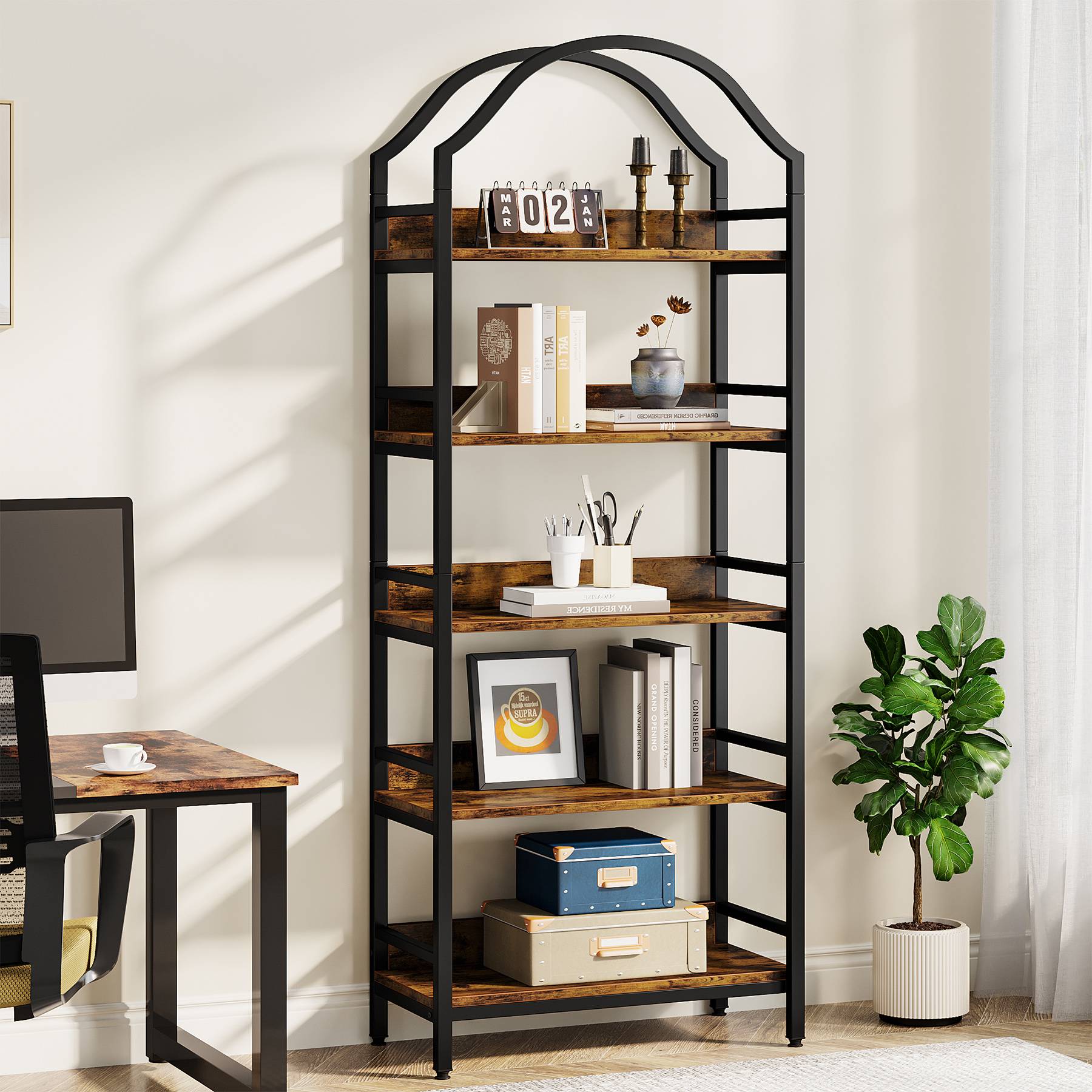 5-Tier Bookshelf, Industrial Arched Bookcase 73 Tall Storage Rack