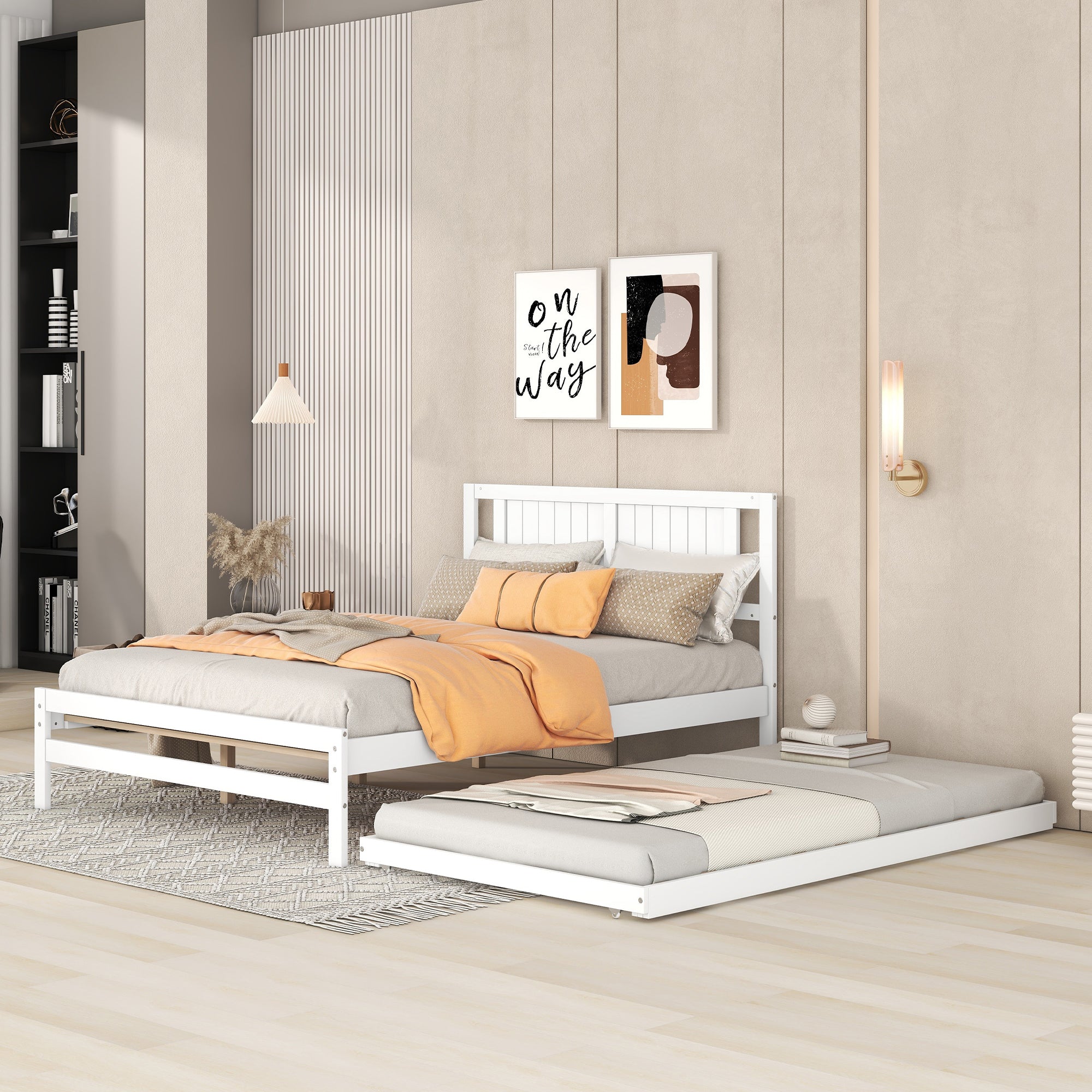 Platform Bed with Trundle Frame Set, Wooden Bed Frame with Headboard for Bedroom for Kids, White