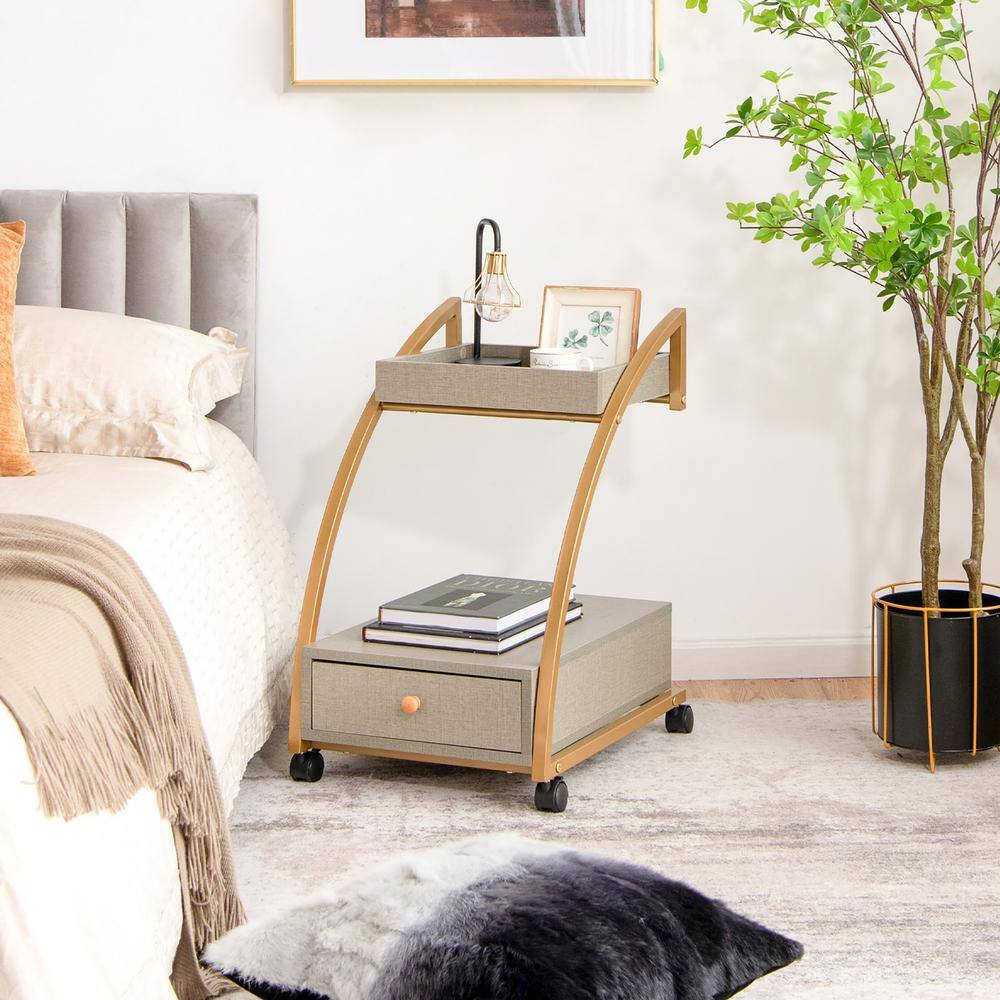 Costway 2-Tier Wood 4-Wheeled Rolling End Table with Storage Drawer Tray Top Modern Bedside Trolley in Grey JV10385GR