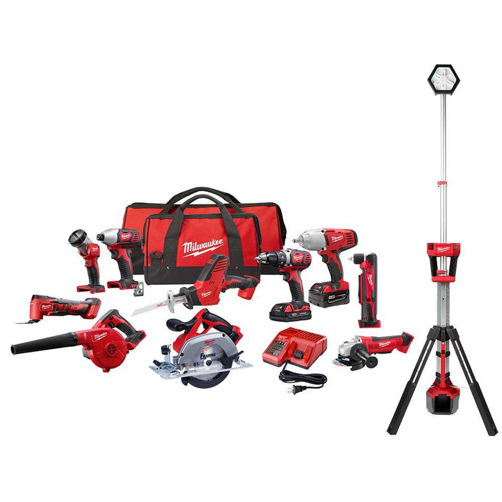 MW M18 18V Lithium-Ion Cordless Combo Kit (10-Tool) with (2) Batteries Charger (2) Tool Bags  M18 Dual Power Tower Light 2695-10CX-2131-20