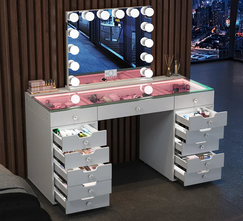 Eva-RGB Vanity Desk Pro - 13 Storage Drawers       VNT-EVA-RGBC-WHT