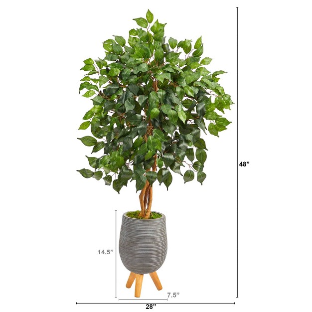 Nearly Natural 4-ft Ficus Artificial Tree In Gray Planter With Stand