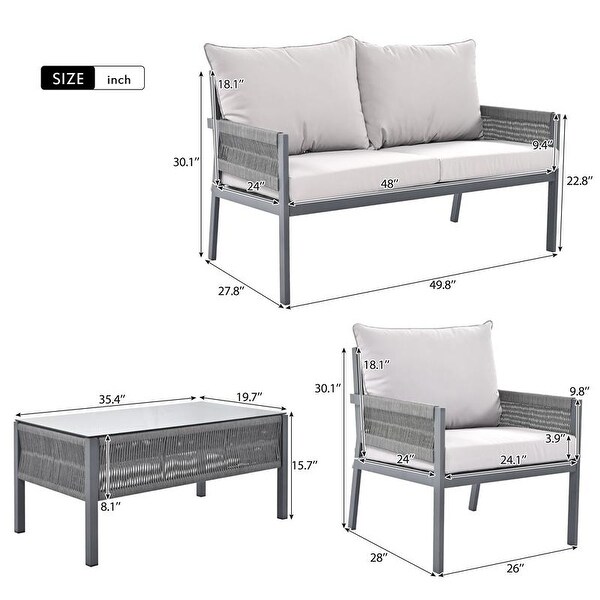 4Piece Patio Conversation Set with Tempered Glass Table，Outdoor Loveseat Chair Set with Thick Cushion for Backyard，Grey