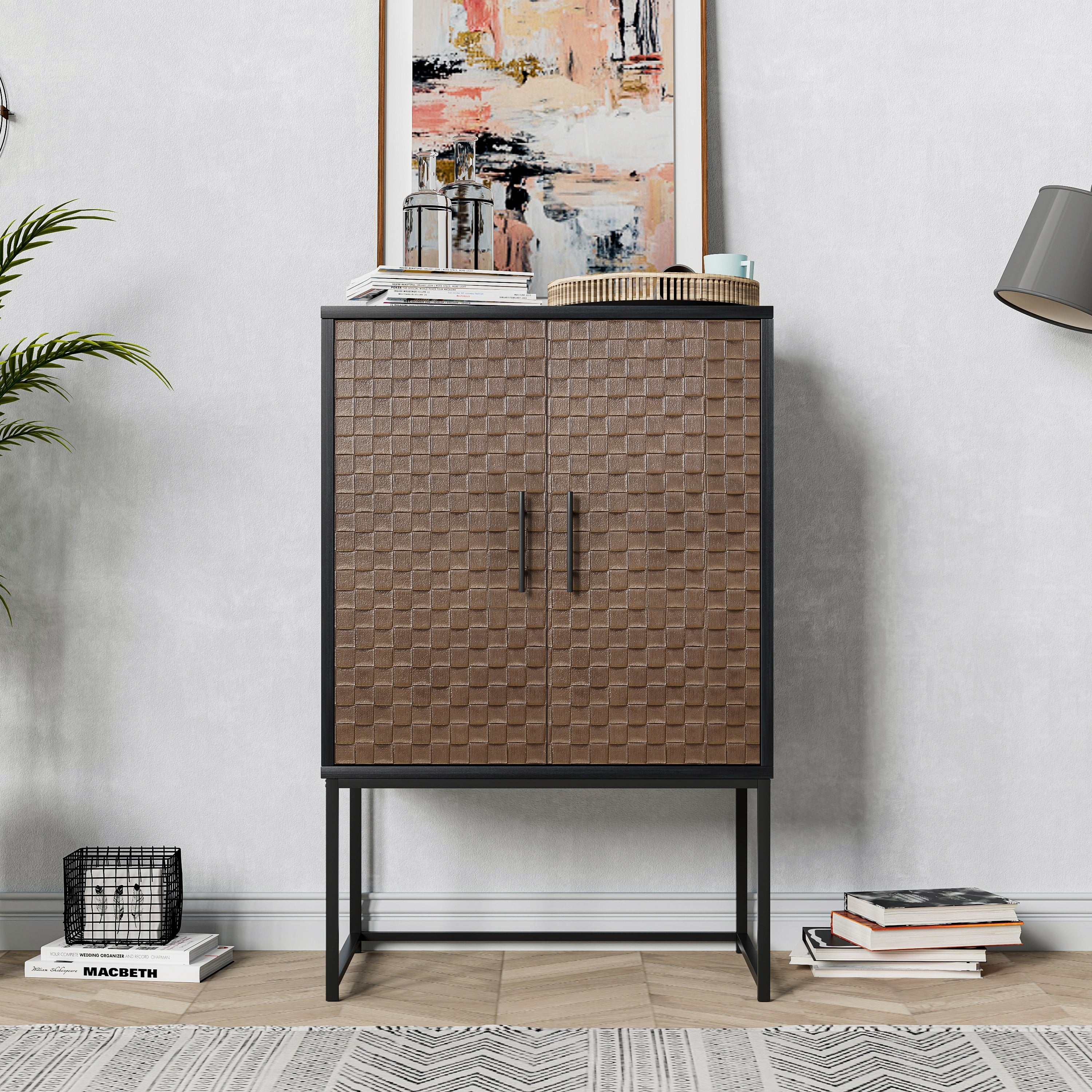 2 door cabinet，Runway-shaped leatherette finish，Embossed texture